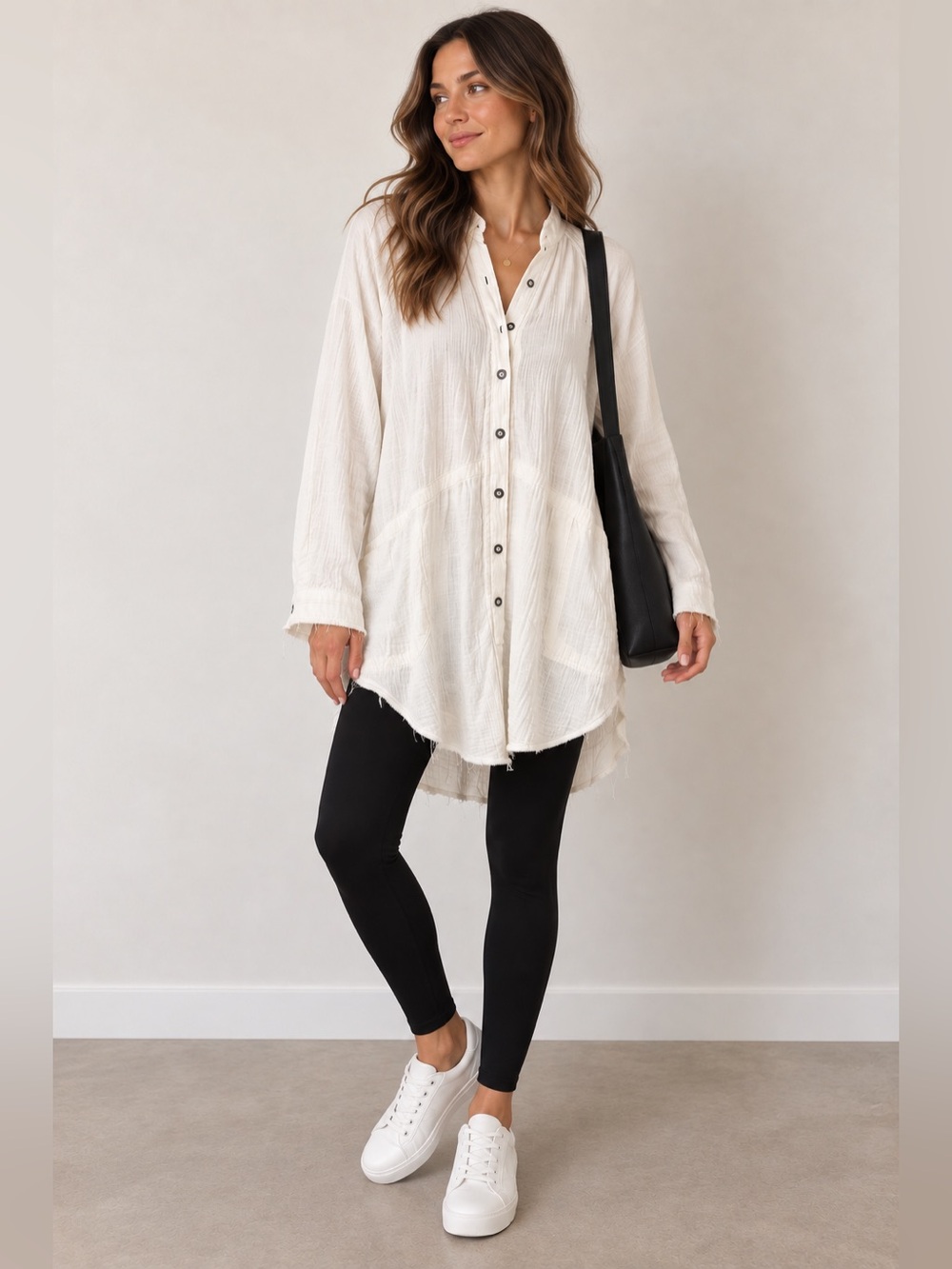 We The Free by Free People White Cotton Gauze Button Front Tunic Shirt Large